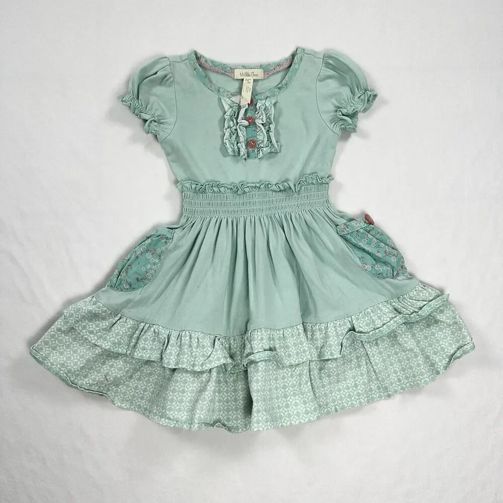 MATILDA JANE Ruffle A Line Dress Pockets Size 2 2T Green Cottagecore Country